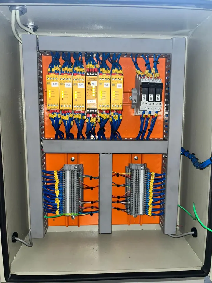Interior do painel elétrico com relés e fontes de segurança